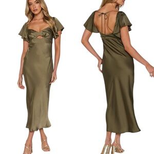 NWT Showpo Emberlynn Dark Olive Satin Cutout Flutter Sleeve Maxi Slip Dress - 4